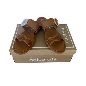 Dolce Vita Aperol Caramel Brown Slide Scalloped Slip On Sandals w/Buckle Sz 8